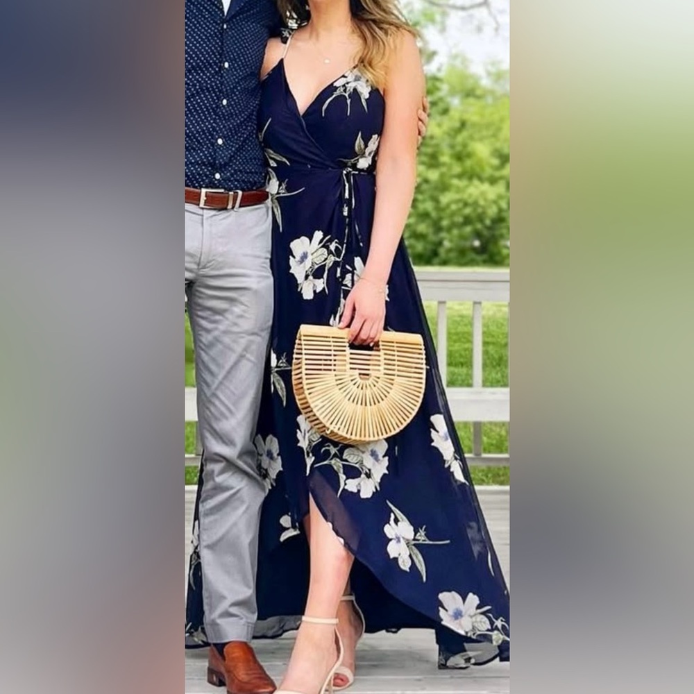 Lulus Navy Blue Floral Print High Low Wrap Dress